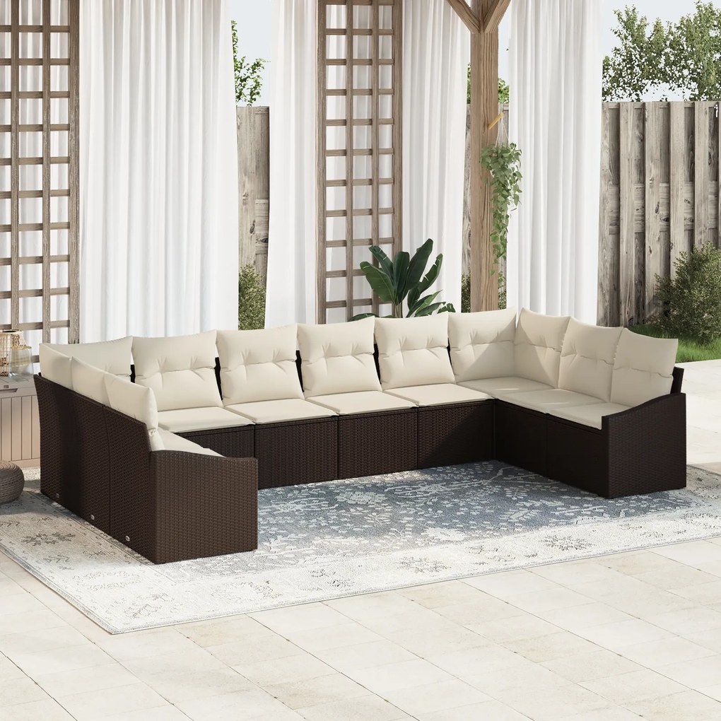 Conjunto de Jantar de Jardim 10 Peças com Almofadas Castanho em Rattan