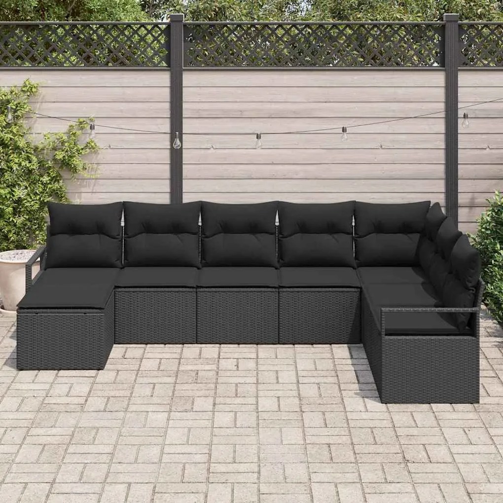 Conjunto de Sofá de Jardim de 8 Peças com Almofadas Preto Rattan