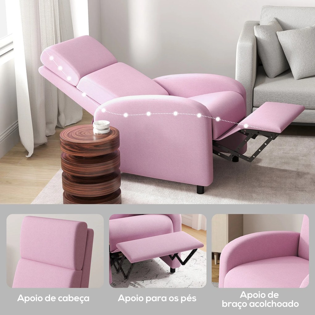 Poltrona Relax Reclinável Manual em Linho – Rosa – 64x86x102 cm