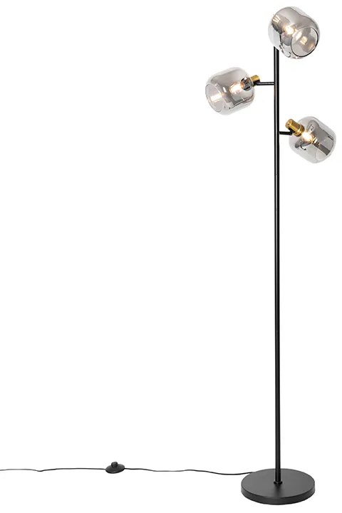Candeeiro de pé preto com dourado e vidro fumê 3 luzes - Zuzanna Moderno