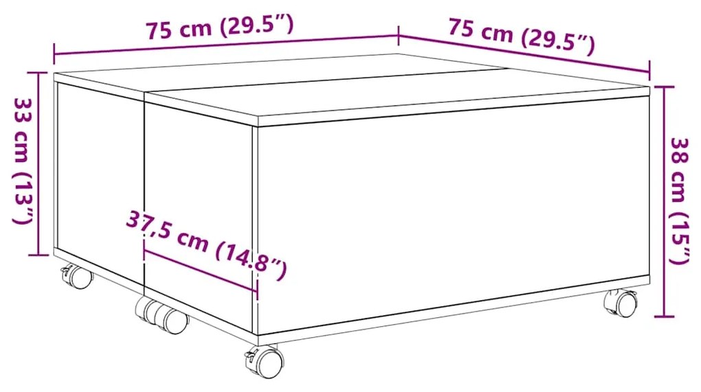 Mesa de centro com roda com armazenamento Carvalho preto 75 x 75 x 38