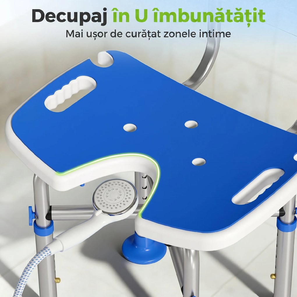 Cadeira de Duche para Pessoas Idosas Antideslizante com Altura Ajustável em 5 Posições Suporte para Duche de Mão 48x47,5x72-82 cm Azul