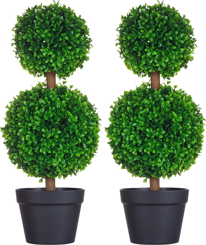 Conjunto de 2 árvores artificiais de buxo com duas esferas, incluindo tronco e vaso - altura 60 cm, verde