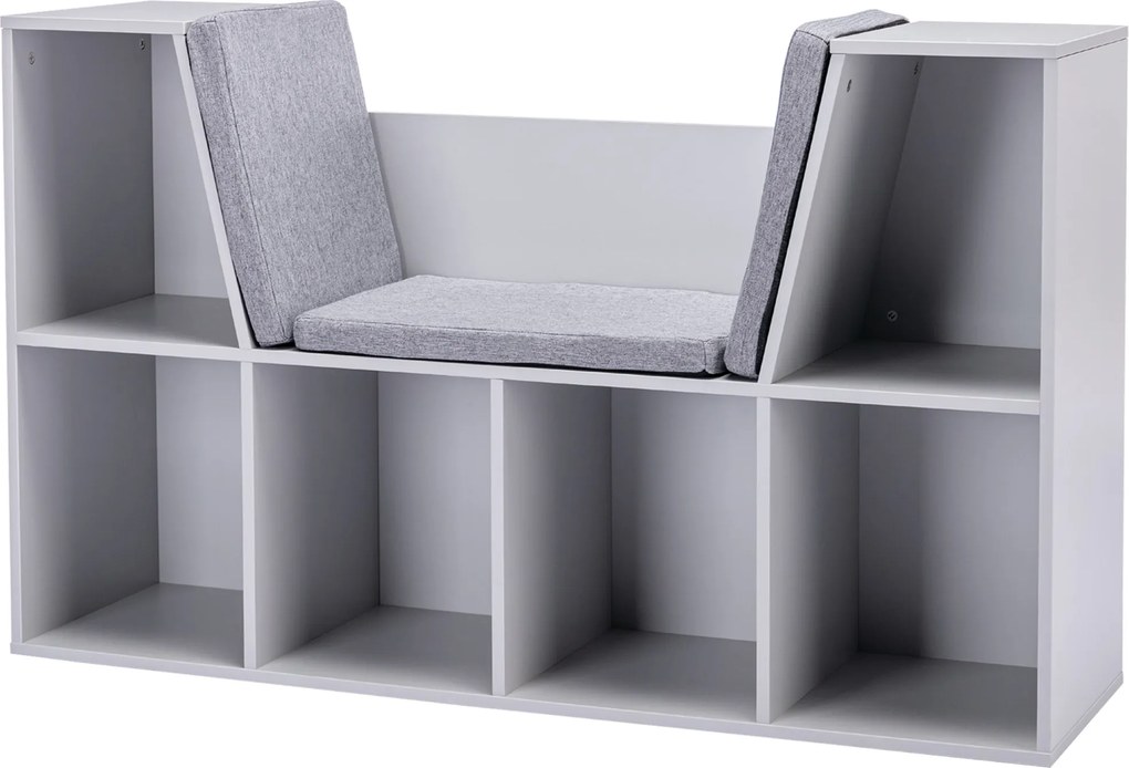 HOMCOM Estante Infantil 2-em-1 Estante + Banco incl. Almofada 103 cm × 30 cm × 62 cm Branco + Cinza | Aosom Portugal