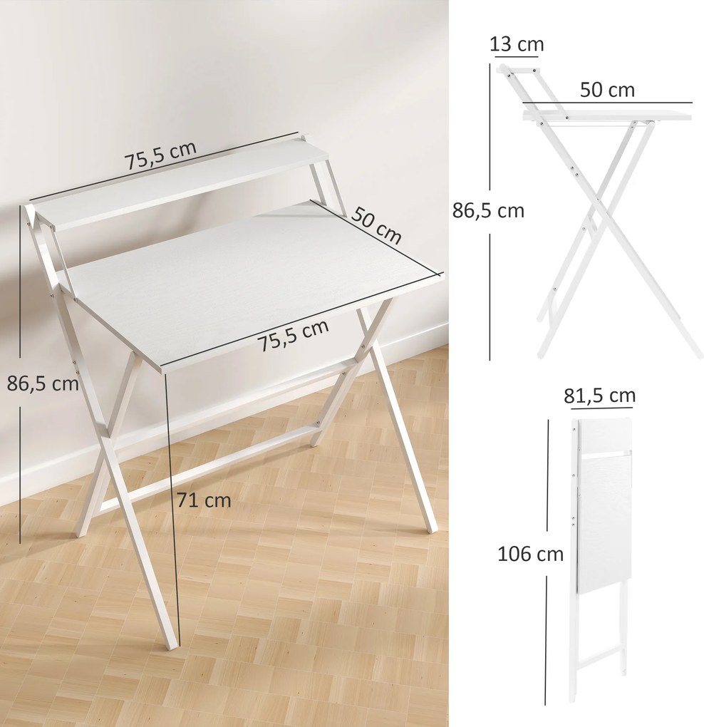 Secretária dobrável 75,5 x 50 cm com prateleira de arrumação para o quarto e espaços pequenos, branca