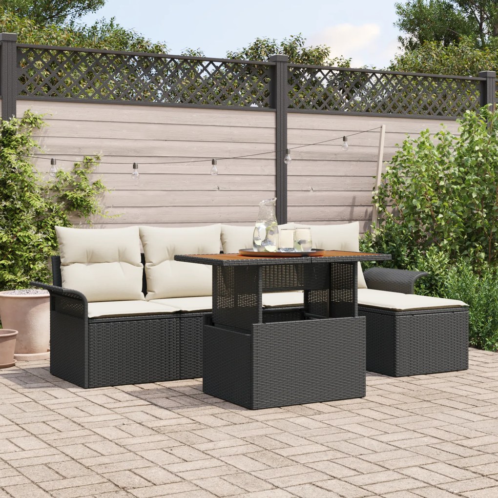 Conjunto de Sofás de Jardim de 6 Peças com Almofadas em Rattan Preto