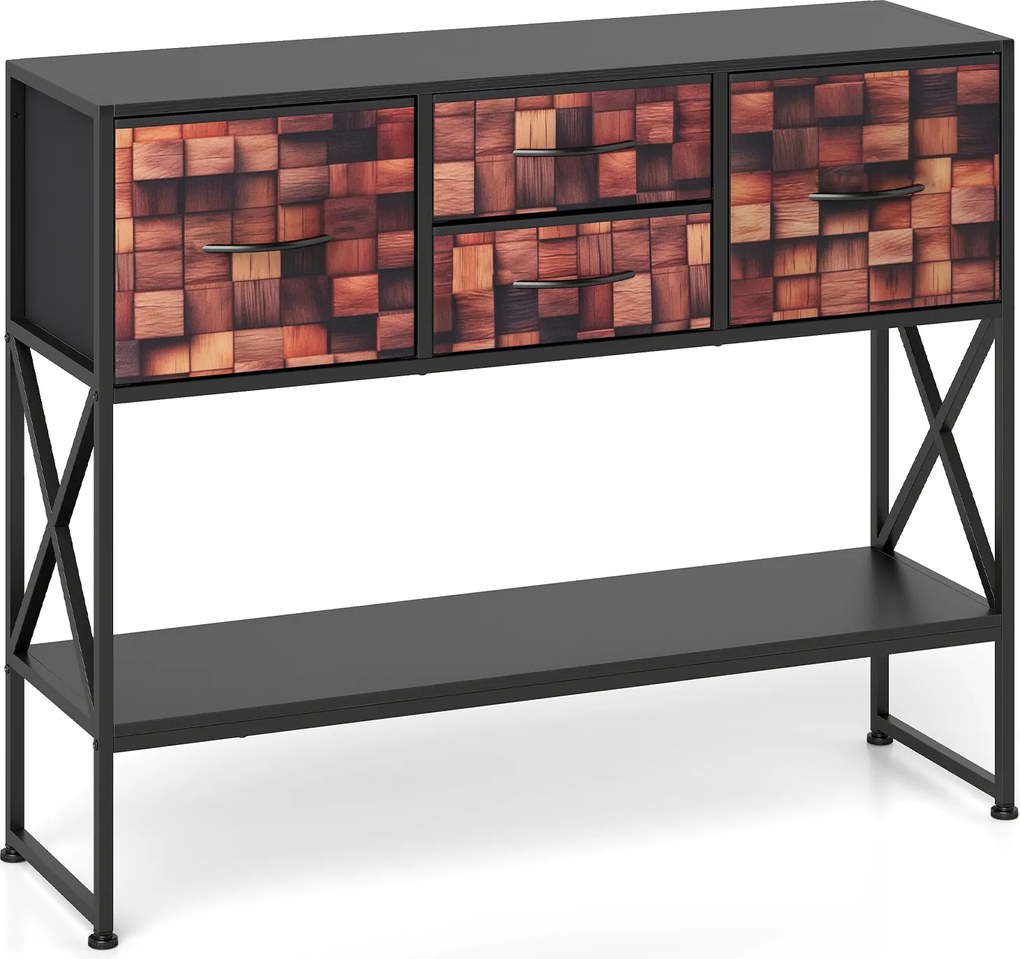 Mesa Consola com 4 gavetas em tecido 98,5 x 29 x 79,5 cm, estante, Estrutura metálica, padrão em mosaico de madeira, para corredores e espaços pequeno