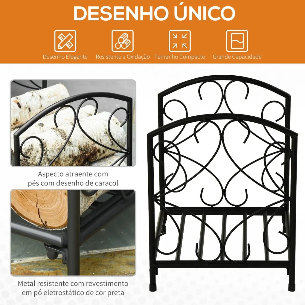 Outsunny Suporte para Lenha Metálico Porta Lenha Exterior e Interior com Grade e Base Elevada Carga Máxima 50kg 39,5x31,5x39,5cm Preto