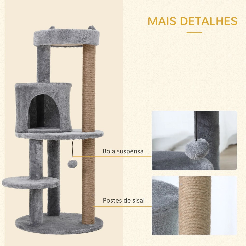 Árvore Arranhador para Gatos com Plataforma Caverna Postes de Sisal e Bola Suspensa 48x48x104 cm Cinza