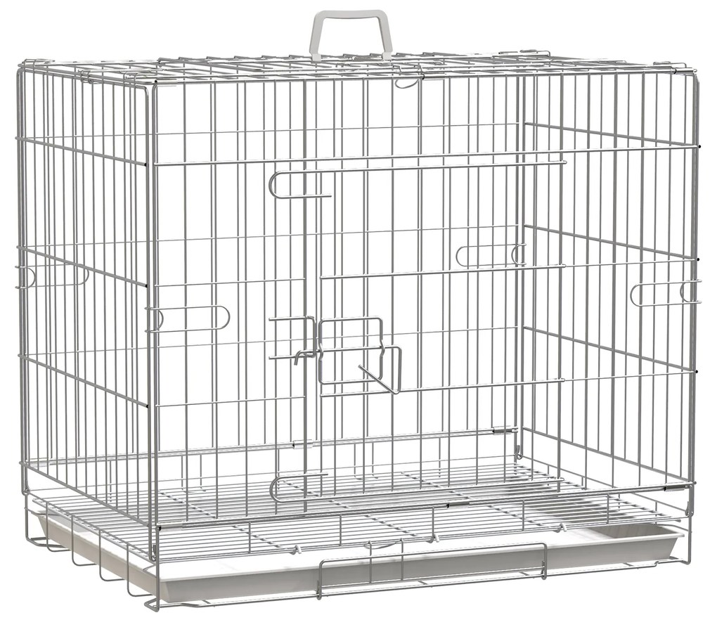 Gaiola Dobrável para Cães Gaiola Metálica 61x43x50cm Gaiola de Metal para Cães com Bandeja Amovível com Travão Prata e Branco