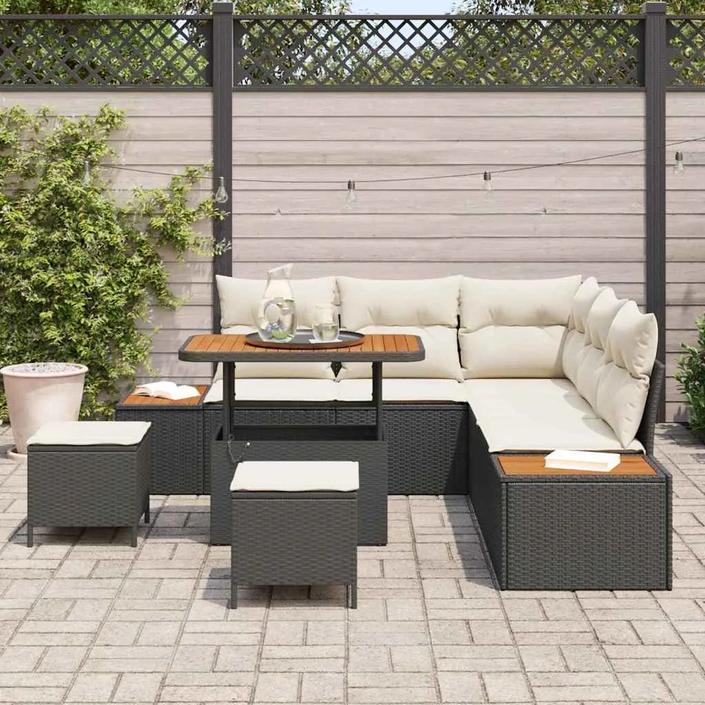 Conjunto de Sofá de Jardim de 8 Peças com Almofadas de Vime Preto