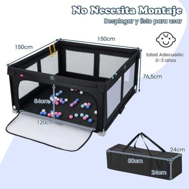 Parque infantil para bebés com 50 bolas oceânicas e 4 pegas com porta  para 0-3 anos 150 x 150 x 76,5 cm Preto.