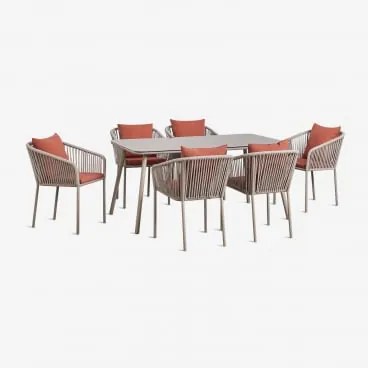 Conjunto De Mesa Retangular 160x90 Cm E 6 Cadeiras De Jantar Em Corda Trançada Arhiza Classic Castanho Moka - Terracota - Sklum