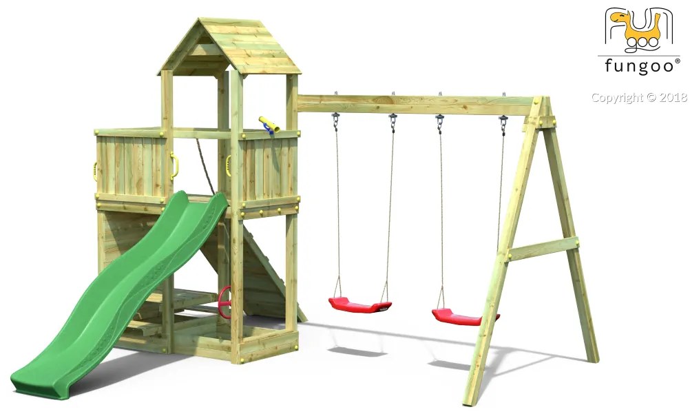 Parque infantil Crianças Exterior FLOPPI KDI Escorrega, 2 Baloiços, volante, telescópio, rampa com corda de trepar, mesa de piquenique, parede escalad