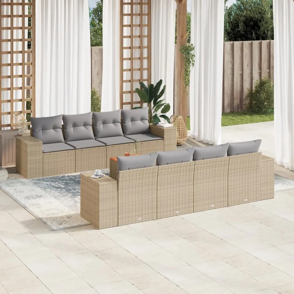 9 pcs conjunto de sofás p/ jardim com almofadões vime PE bege