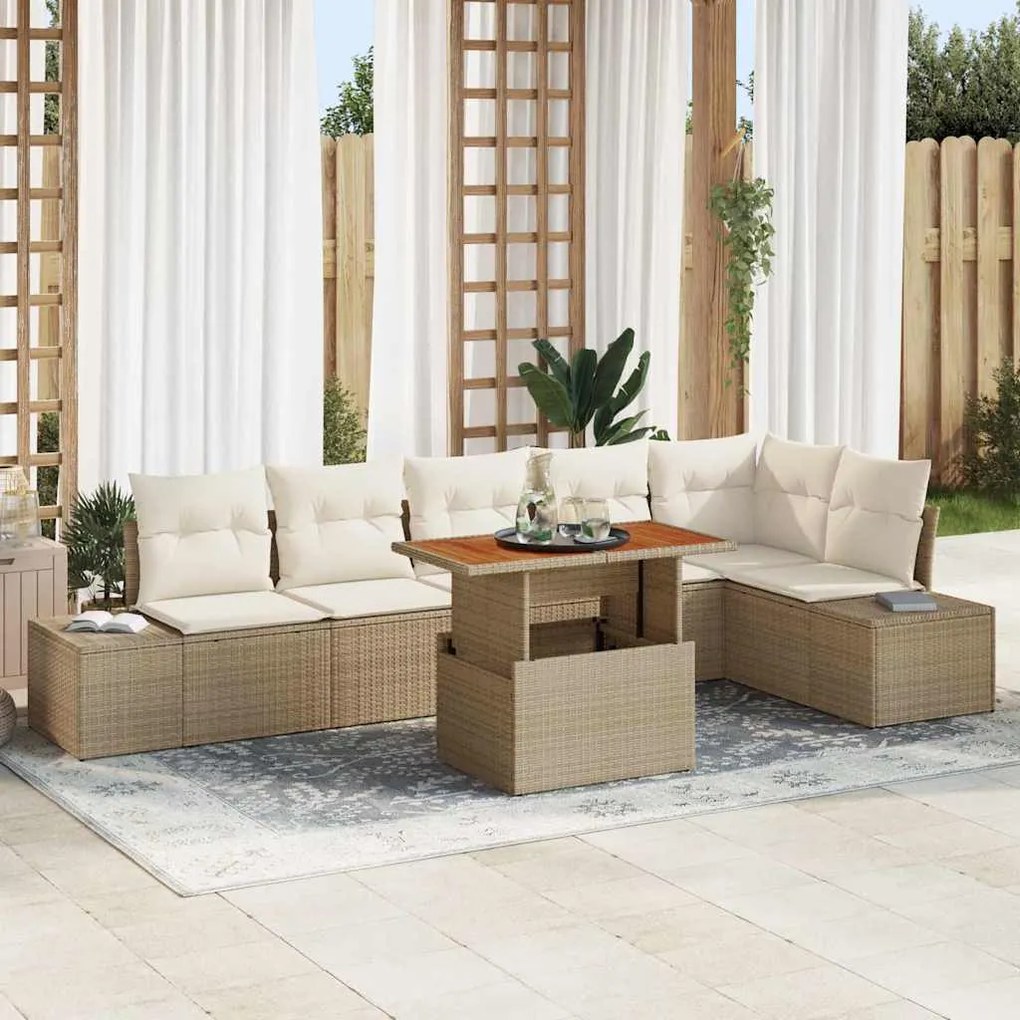 vidaXL Conjunto de Jantar de Jardim com 7 peças e almofadas bege em rattan poliéster e acácia.