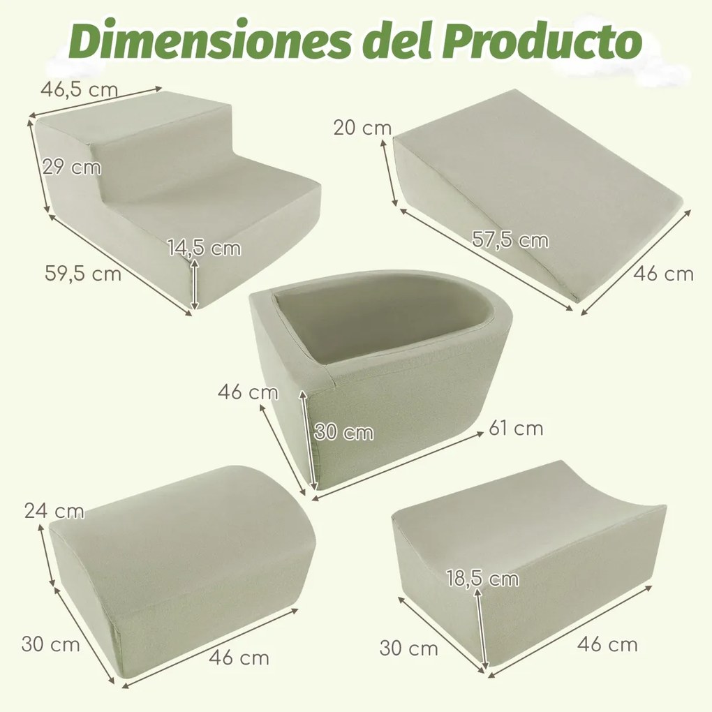 Conjunto de 5 peças para escalada para bebésr com piscina de bolinhas (NÃO INCLUIDAS) e capa lavável Verde