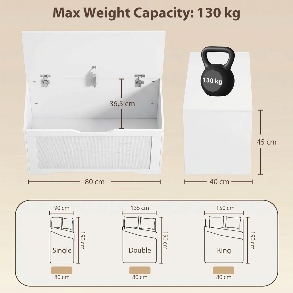 Baú de Arrumação 108 L com Painel de Ratã e Tampa com Braços de Apoio 80x40x45 cm Branco
