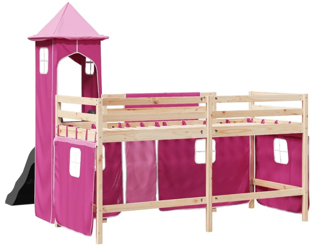 Cama alta para criança com torre 90x200 cm pinho maciço rosa