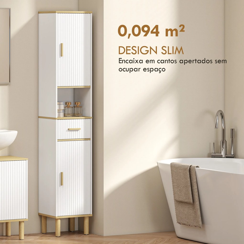 Coluna Estreita para Casa de Banho com Prateleiras Ajustáveis Gaveta e Compartimento Aberto 31,5x29,7x171,5 cm Branco