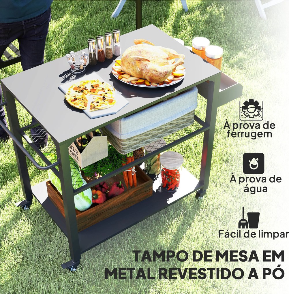 Carrinho de Apoio para churrasqueiras de 3 Níveis com 4 Rodas Prateleiras Mesa de Apoio para Forno de Pizza 105x50x79 cm Preto