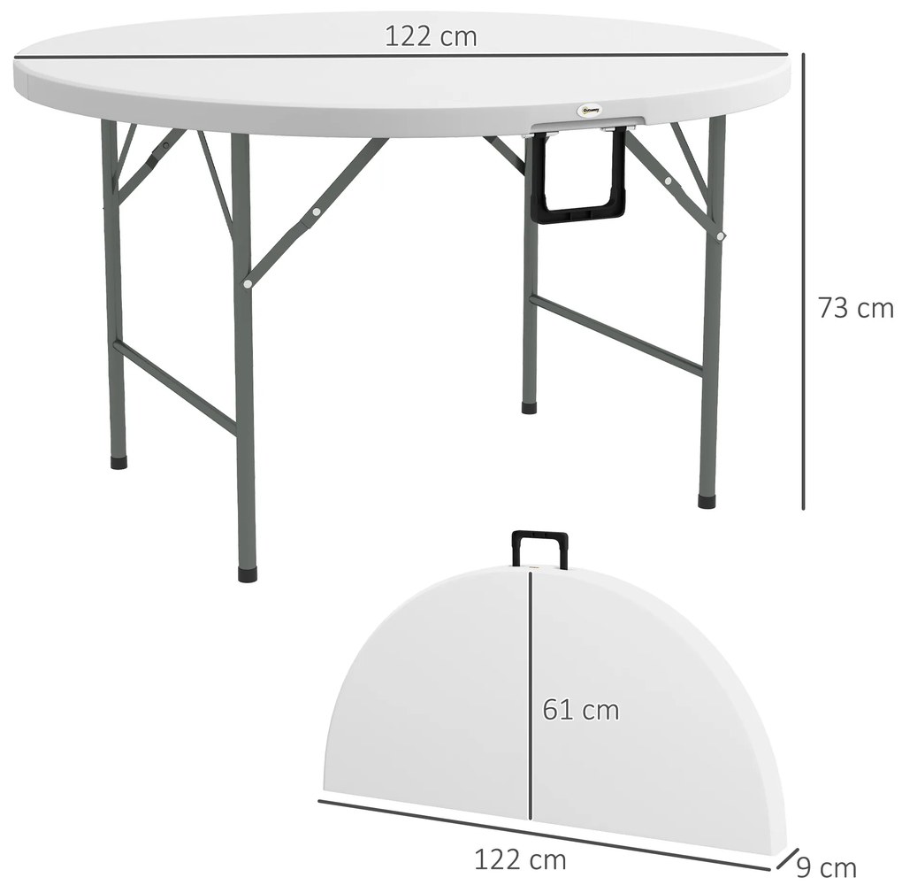 Mesa de Jardim Redonda Mesa de Varanda Dobrável com Estrutura de Aço e Bancada de HDPE Ø122x73 cm Branco