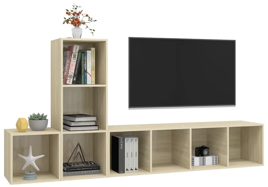 3 pcs conjunto de móveis de TV contraplacado carvalho sonoma