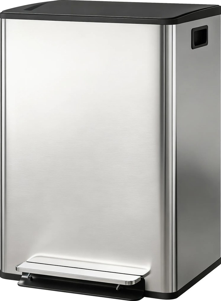 Caixote do lixo com dois compartimentos de 2 x 30 L, caixote do lixo de cozinha com pedal, tampa com fecho suave, 47,5 x 37,5 x 67 cm, prateado