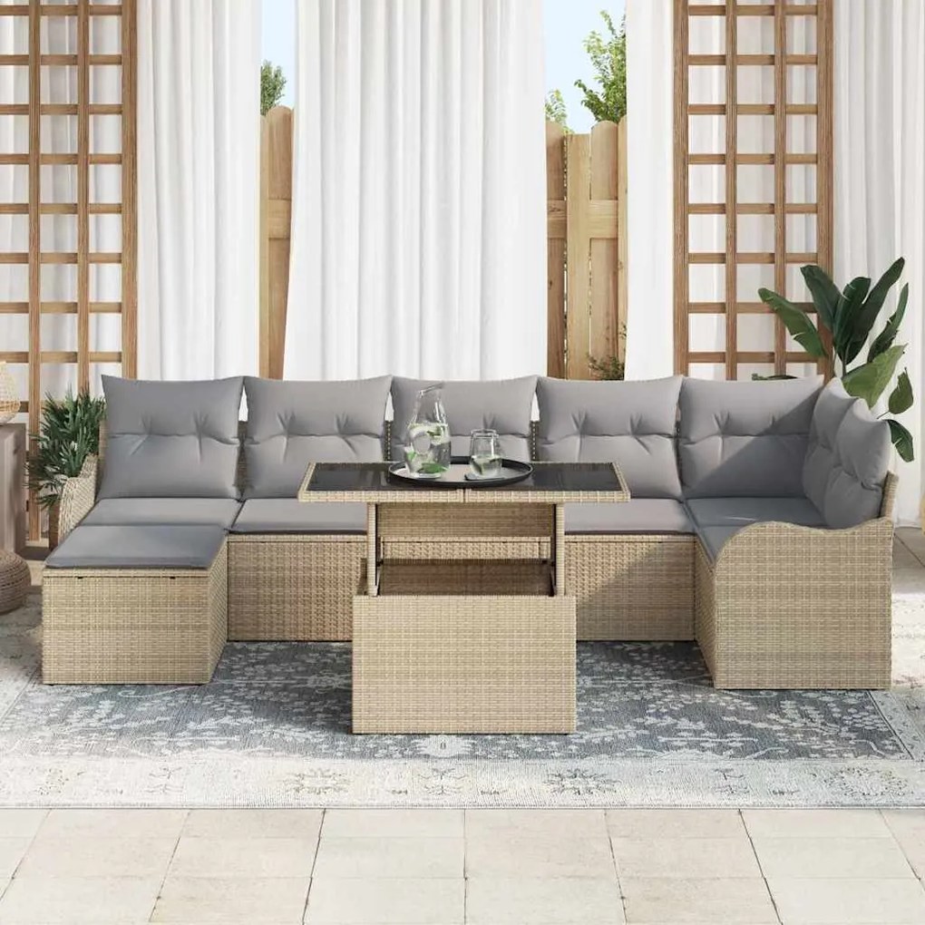 Conjunto de Sofá de Jardim com 8 Peças e Almofadas Bege Poliéster