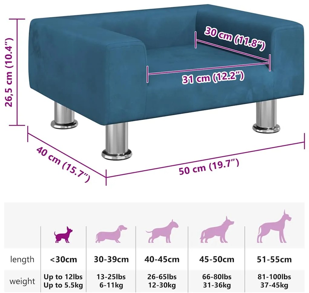 Cama para cães 50x40x26,5 cm veludo azul