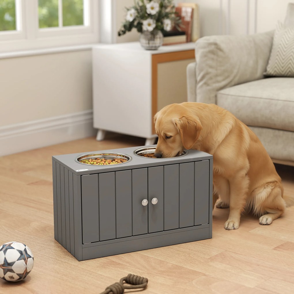 Comedouro Elevado para Cães Grandes com 2 Tigelas de 2L em Aço Inoxidável, 2 Portas e Arrumação, 60x30x35,5 cm, Cinzento