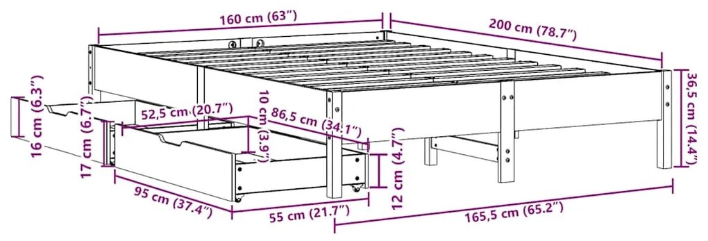 Cama sem colchão 160x200 cm madeira de pinho maciça branco
