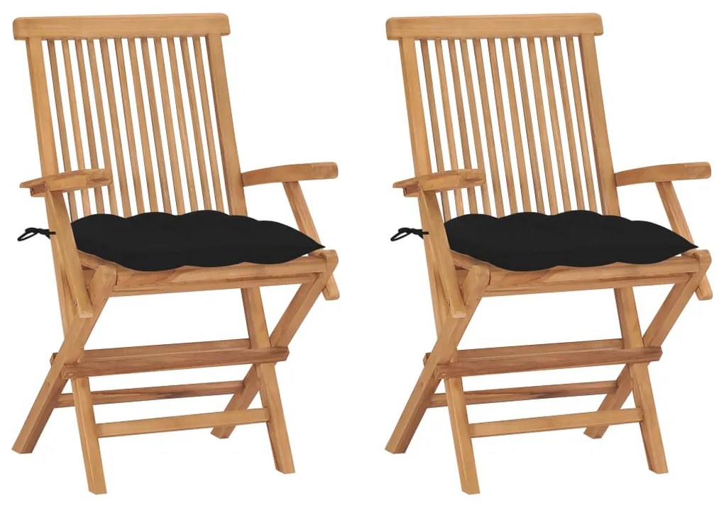 vidaXL Cadeiras de jardim c/ almofadões pretos 2 pcs teca maciça