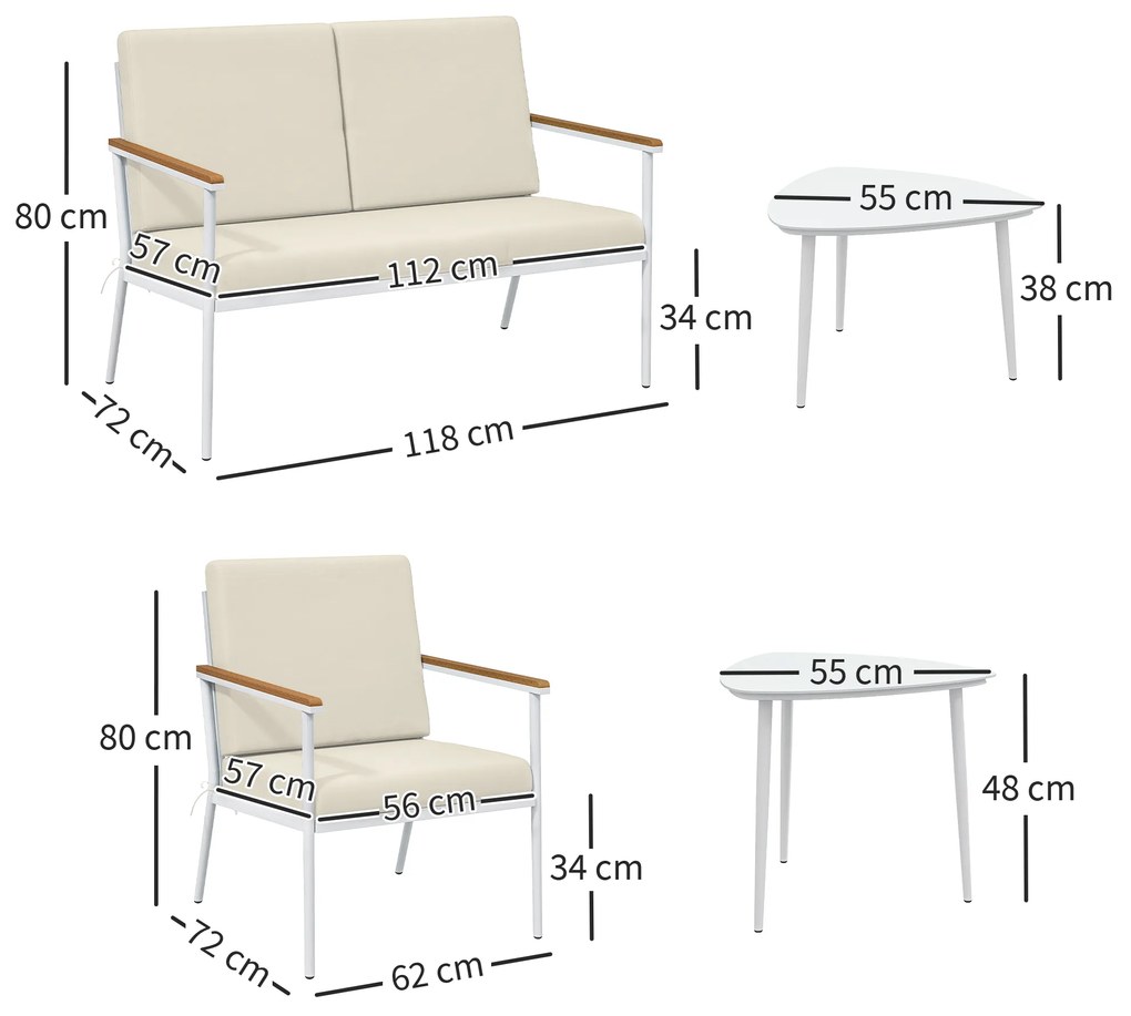 Conjunto de Jardim de 5 Peças com 1 Sofá de 2 Lugares 2 Poltronas e 2 Mesas de Centro com Bancada de Vidro Creme
