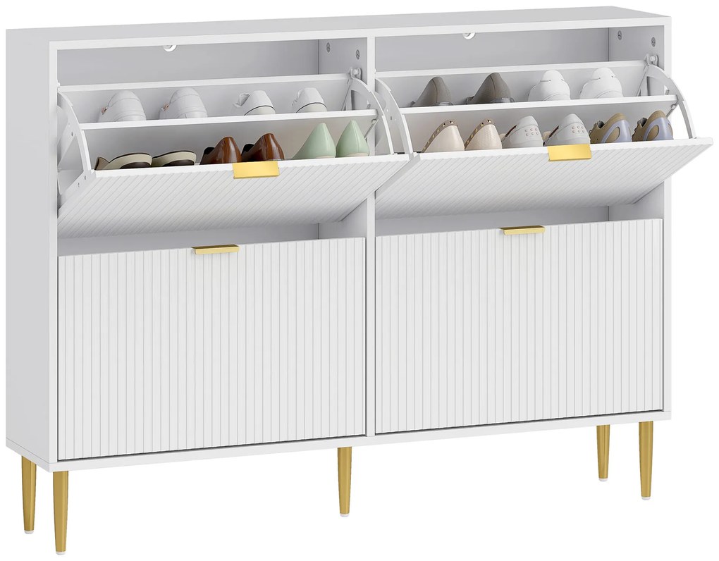 HOMCOM Sapateira Estreita com 4 Portas Canelada Sapateira para Entrada com Prateleiras Ajustáveis para 20 Pares de Sapatos 105x24x91,5 cm Branco