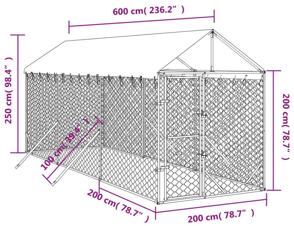 Canil de exterior com teto 2x6x2,5 m aço galvanizado prateado