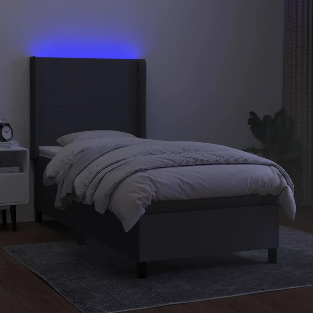 Cama box spring c/ colchão e LED 90x200 cm tecido cinza-escuro