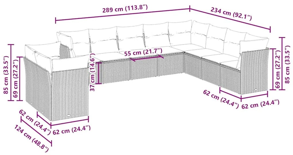 10 pcs conj. sofás jardim com almofadões vime PE cinzento-claro