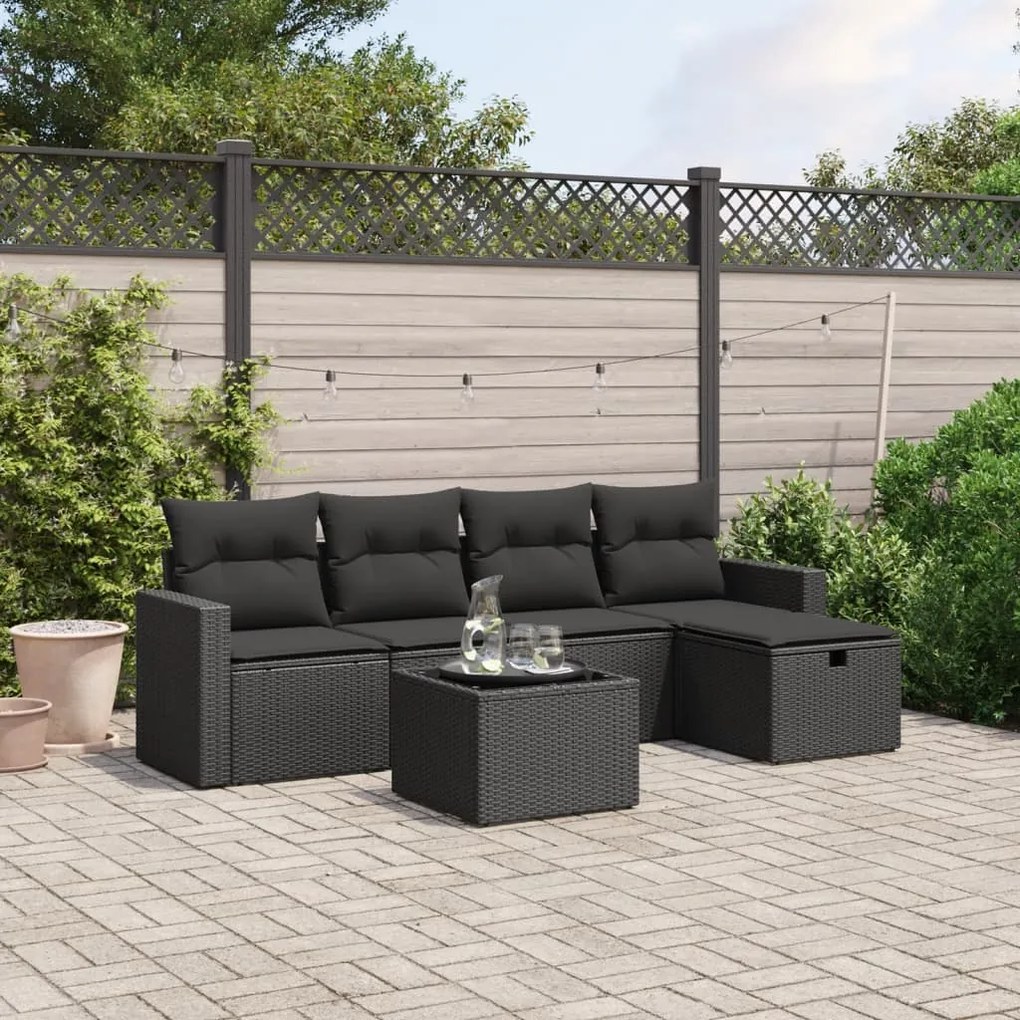 vidaXL 6 pcs conjunto sofás de jardim c/ almofadões vime PE preto