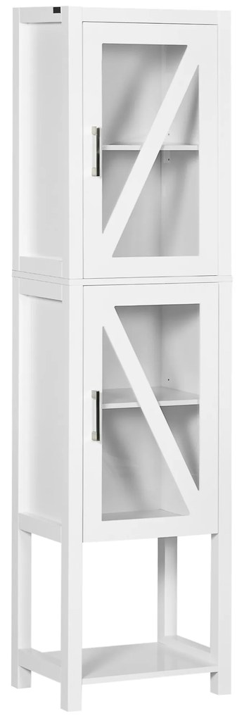 Kleankin Coluna Casa Banho 2 Portas Vidro Prateleiras Ajustáveis Armazenamento Funcional 45x30x170 cm Branco Elegante | Aosom Portugal