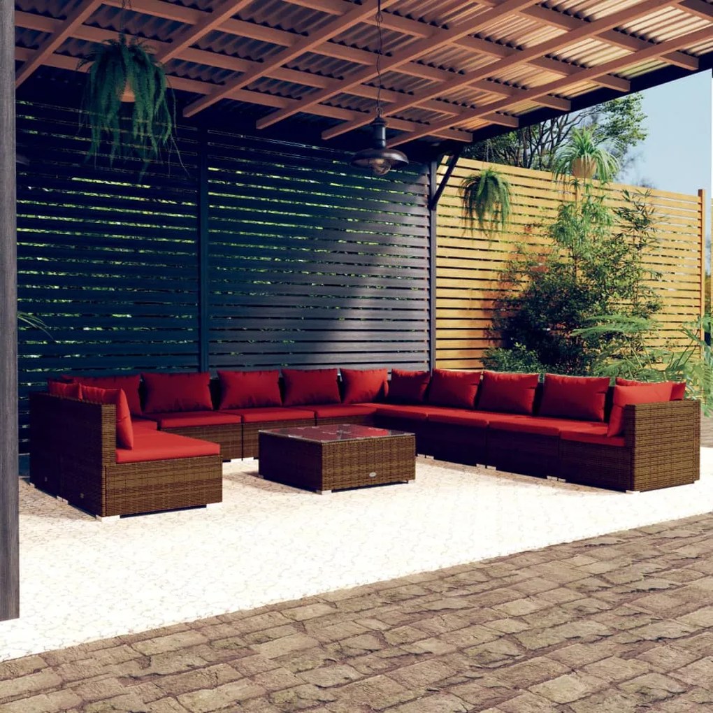 vidaXL 12 pcs conjunto lounge de jardim c/ almofadões vime PE castanho