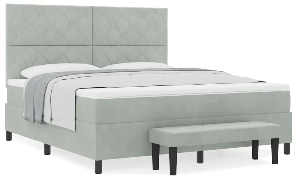 Cama Box com Colchão e Banco Cinza Claro 180x200 cm Veludo