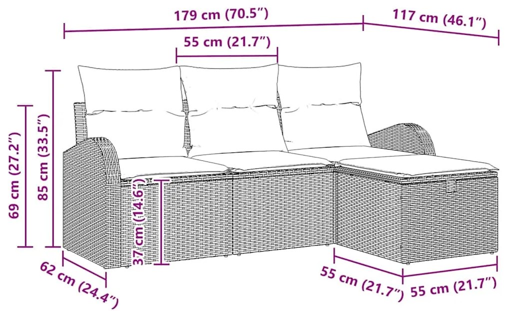 Conjunto de Sofá de Jardim de 4 Peças com Almofadas Cinza Claro Rattan