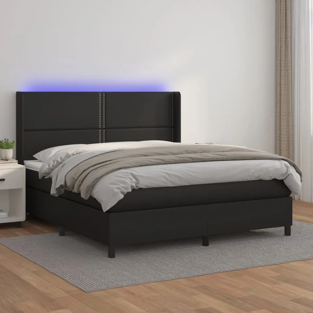 Cama box spring c/ colchão/LED 160x200cm couro artificial preto