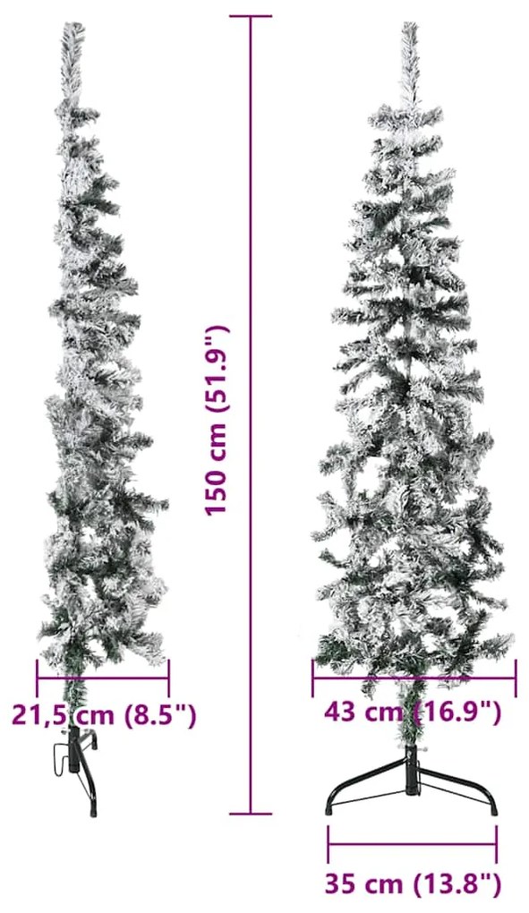 Meia árvore de Natal fina com flocos de neve 150 cm