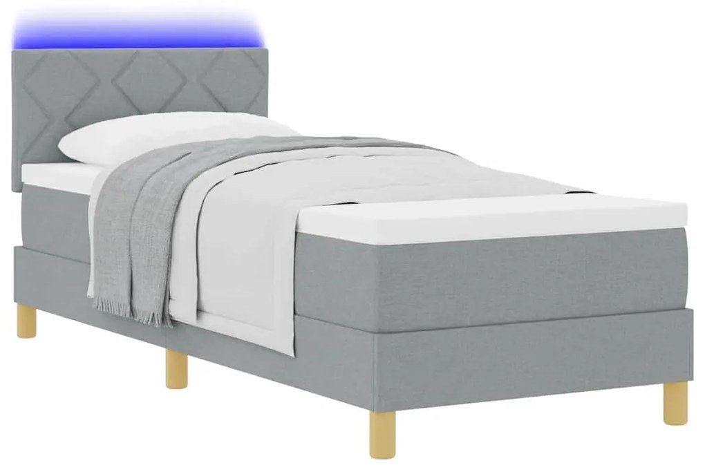 Cama Box Spring com Colchão &amp; LED Cinza Claro 80x200 cm Tecido