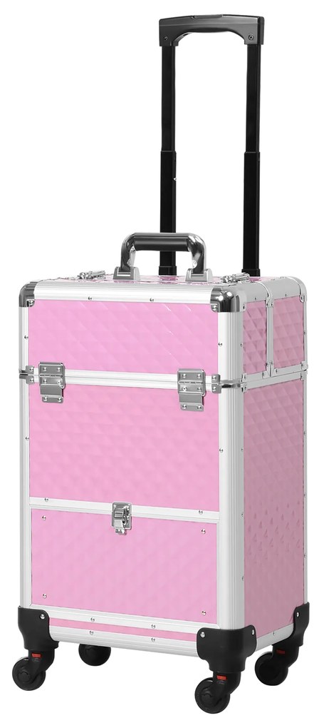 Mala de Maquilhagem Profissional com Gaveta Mala de Maquilhagem com Rodas para Viagem Trabalho 34x25x62 cm Rosa