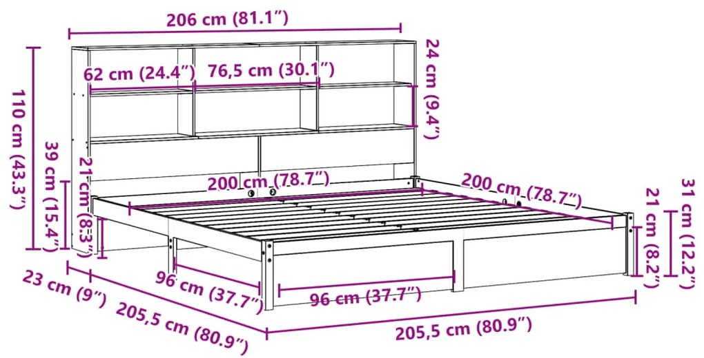Cama com estante sem colchão 200x200 cm pinho maciço