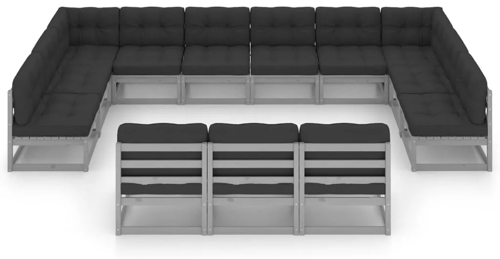 13 pcs conj. lounge jardim c/ almofadões pinho maciço cinzento