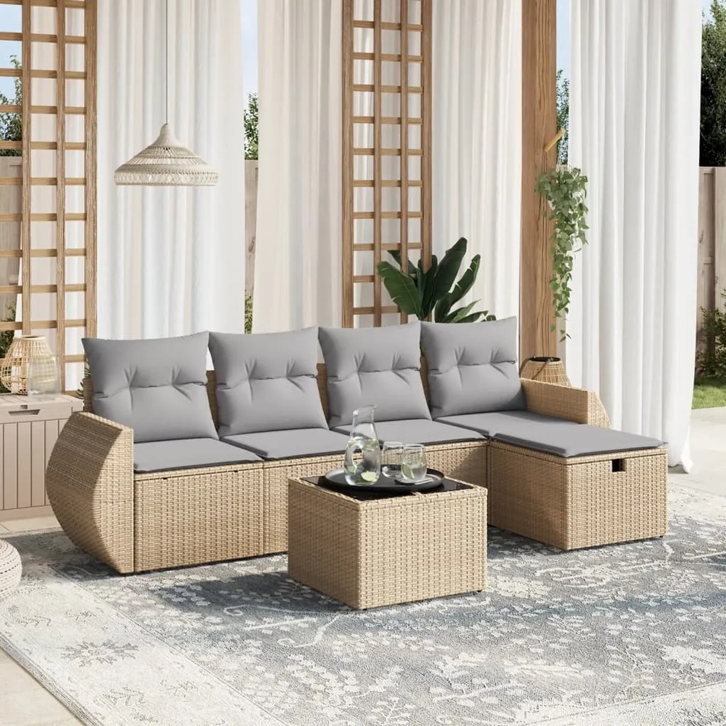 vidaXL 6 pcs conj. sofás jardim c/ almofadões vime PE bege misturado